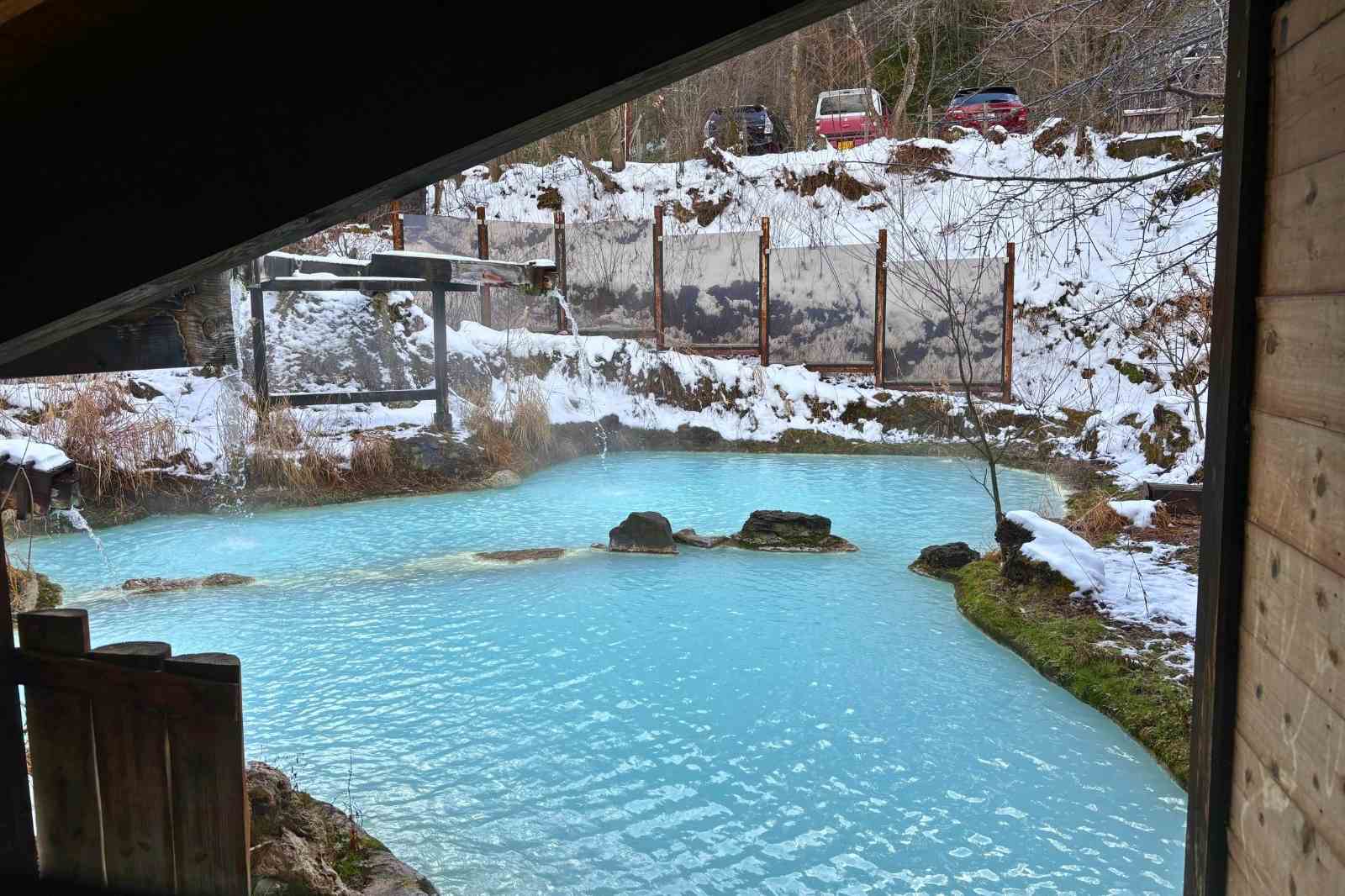 長野県松本市　白骨温泉　冬　泡の湯　混浴露天風呂