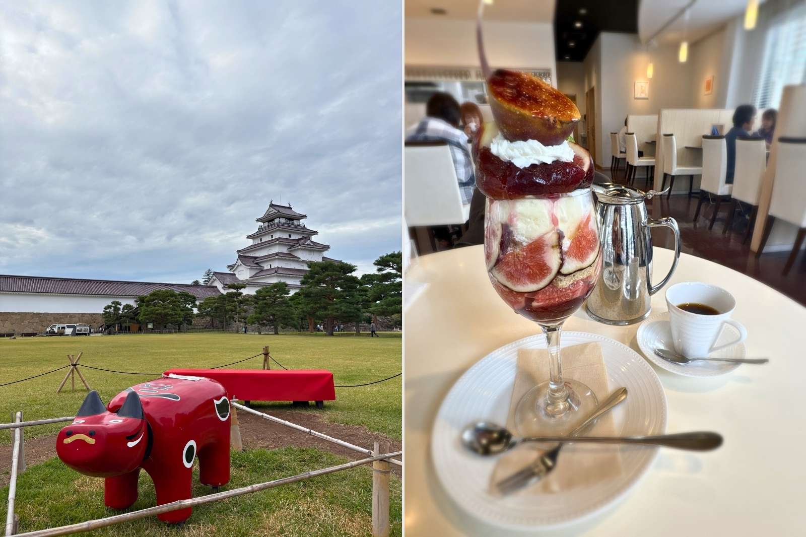 赤いポストのある会津の街並み ・カフェのいちじくパフェとドリンク