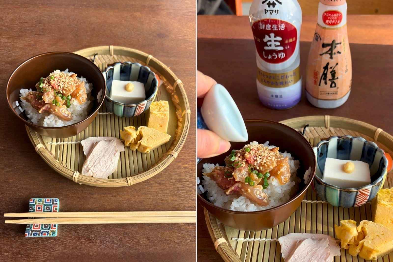 きんめ鯛の出汁茶漬けが並ぶ朝食のテーブル。ヤマサとヒゲタが両方セット