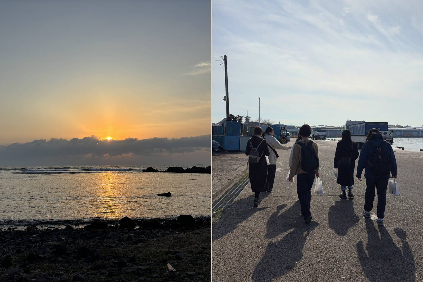 銚子の朝日とソロトリツアー参加者の様子