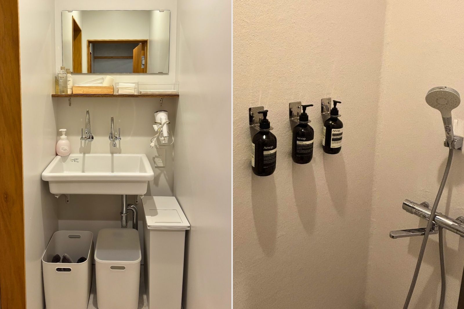 awaiの洗面スペース。高級ブランドのシャンプーなどアメニティが充実